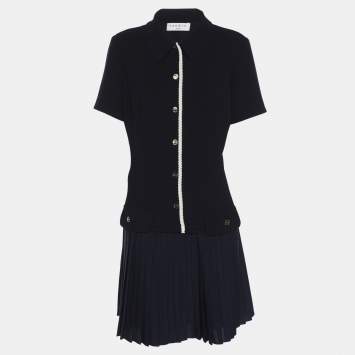 Pre Owned Sandro Navy Blue Crepe Pleated Polo Dress M
