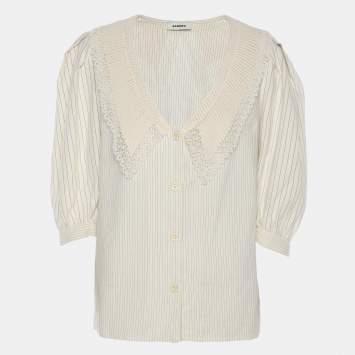 Pre Owned Sandro Cream Stripe Linen Blend Lace Trip Blouse S