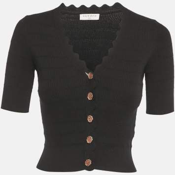 Pre Owned Sandro Black Rib Knit Button Front Cardigan Top S