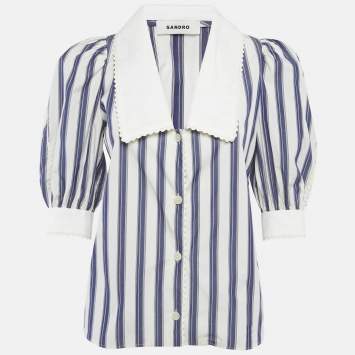 Pre Owned Sandro Blue Stripe Cotton Oversize Collar Detail Button Front Blouse XS