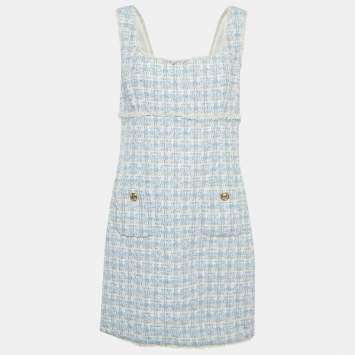 Pre Owned Sandro Blue /White Lurex Tweed Fridge Detail Mini Dress XL