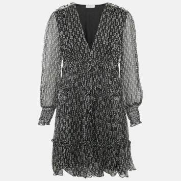 Pre Owned Sandro Black Printed Silk Mini Dress M