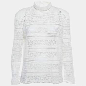 Pre Owned Sandro White Lace Turtle Neck Top L