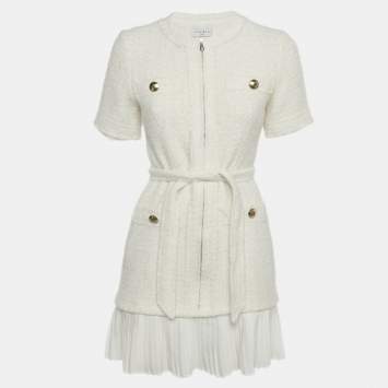 Pre Owned Sandro White Tweed & Plisse Mini Coat Dress S 