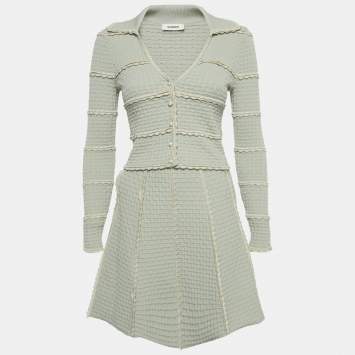 Pre Owned Sandro Light Green Fancy Stitch Knit Jacket and Skirt Set XS