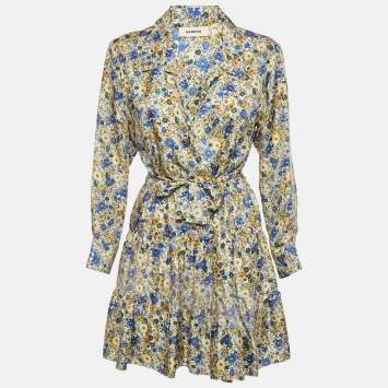 Pre Owned Sandro Yellow/Blue Blossom Print Silk Mini Dress S