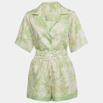 مملوكة مسبقًا Sandro Green Floral Print Satin Top & Shorts Set XS
