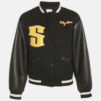 Pre Owned Sandro Black Embroidered Wool and Leather Varsity Jacket S