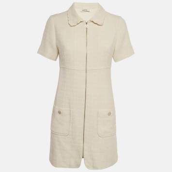 Pre Owned Sandro Off White Tweed Zip -Up Gregoria Mini Dress M