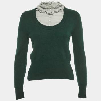 Pre Owned Sandro Green Cotton Trim Wool Fitted Sweater L