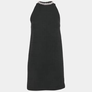 Pre Owned Sandro Black Tweed Embellished Collar Mini Dress XS 