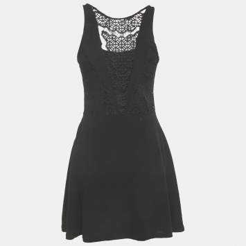 Pre Owned Sandro Black Crepe Lace Detail Mini Dress S