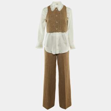 Pre Owned Sandro Beige Tweed & White Satin Shirt , Vest & Pants Set S