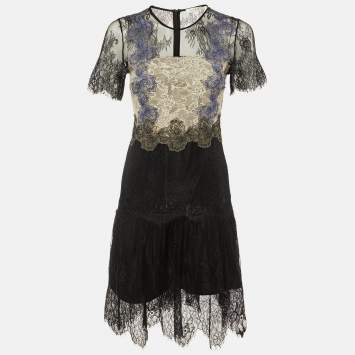Pre Owned Sandro Black Lace Contrast Detail Mini Dress M