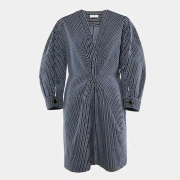 Pre Owned Sandro Navy Blue Striped Cotton Blend Plunge Neck Mini Dress XL 
