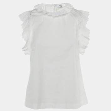 Pre Owned Sandro White Cotton Ruffled High Neck Top S