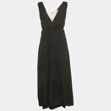 Pre Owned Sandro Black /Beige Crepe Sleeveless Midi Dress L
