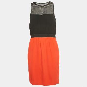 Pre Owned Sandro Black / Red Crepe Mesh Detail Sleeveless Mini Dress M
