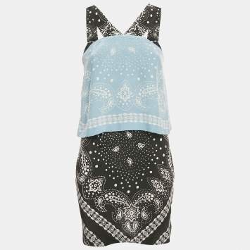 Pre Owned Sandro Black/Blue Printed Silk Mini Dress S