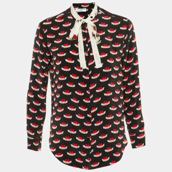 Pre Owned Sandro Black Love Print Silk Tie Neck Blouse M 