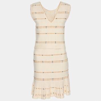 Pre Owned Sandro Cream Striped Rib Knit Top and Mini Skirt Set S