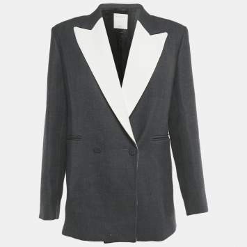 Pre Owned جاكيت ساندرو رمادي / أبيض مزيج كريب مزدوج الصدر مقاس كبير