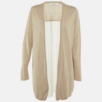 Pre Owned Sandro Beige Knit & Crepe Pleated Cardigan M