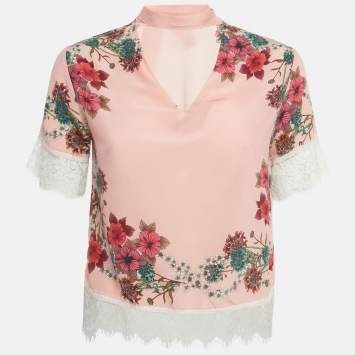Pre Owned Sandro Pink Floral Print Silk Lace Trim Detail Top S