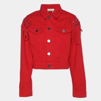 Pre Owned جاكيت ساندرو أحمر دنيم بأزرار أمامية وتفاصيل ربط مقاس متوسط