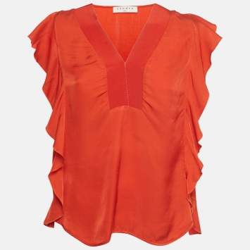 Pre Owned Sandro Orange Silk Ruffled Top S