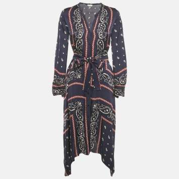Pre Owned Sandro Blue Bandana Print Satin Asymmetric Midi Dress XS