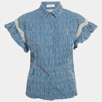 Pre Owned ساندرو قميص إيرين مزين بحواف مزخرفة مقلم بلو الأزرق/الأبيض من القطن مقاس متوسط