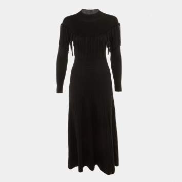 Pre Owned Sandro Black Wool Knit Janis Fringed Long Sweater Dress S