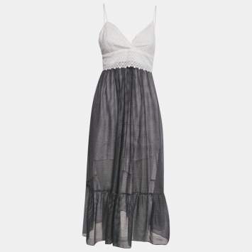 Pre Owned Sandro White /Navy Blue Striped Lace & Crepe Midi Dress M