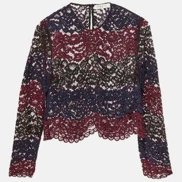 Pre Owned سندرو توب قصير من الدانتيل الزهري الماروني بحواف متموجة مقاس متوسط