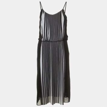 Pre Owned Sandro Black /White Pleated Crepe Midi Dress M