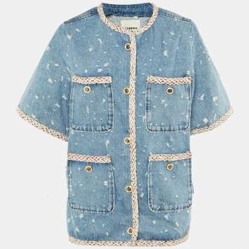 Pre Owned جاكيت ساندرو أزرق دنيم ممزق بحافة مضفرة مقاس كبير جداً