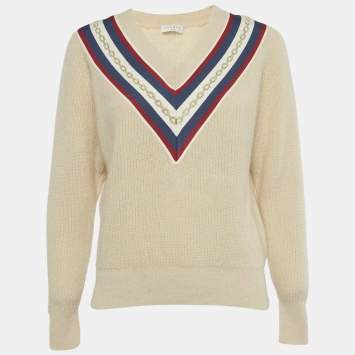 مملوكة مسبقًا Sandro Beige Applique Rib Knit V-Neck Sweater S