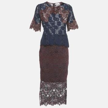 مملوكة مسبقًا Sandro Navy Blue /Burgundy Lace Top & Skirt Set S