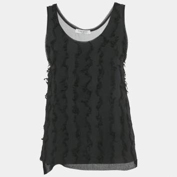 Pre Owned سندرو قميص بلا أكمام بتفاصيل مهترئة مضلع ب�اللون الأسود مقاس صغير