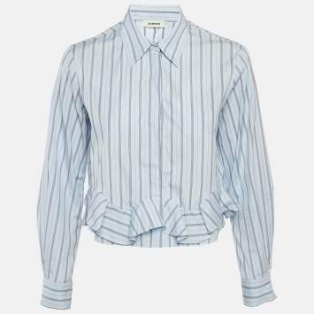 مملوكة مسبقًا Sandro Blue Striped Cotton Ruffled hem Cropped Shirt S