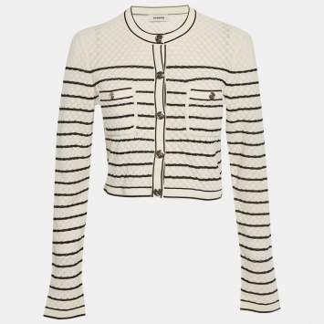 مملوكة مسبقًا Sandro White Striped Crochet Knit Cropped Cardigan L