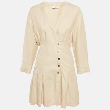 Pre Owned فستان ساندرو بيج بمزيج الكتان مع تفاصيل الأزرار صغير الحجم