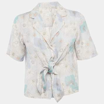 Pre Owned سندرو قميص برباط مزين بنقشة زهور من الكريب باللون الأزرق مقاس صغير