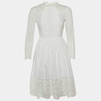 Pre Owned Sandro White Cotton Lace Detail Enja Mini Dress XS 