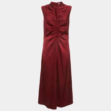 Pre Owned Sandro Red Satin Titanic Ruched Maxi Dress L