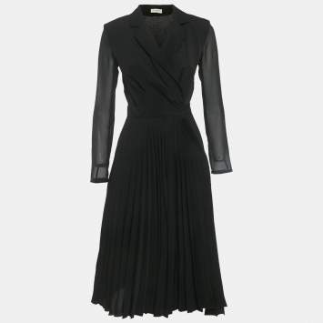 مملوكة مسبقًا Sandro Black Crepe Plisse Midi Wrap Dress XS