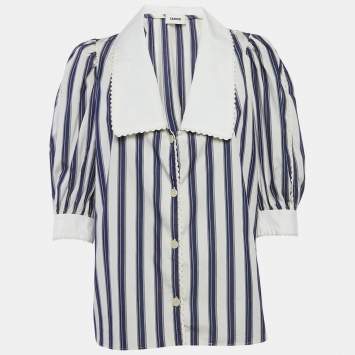 Pre Owned Sandro Blue Stripe Cotton Oversize Collar Chiara Shirt L