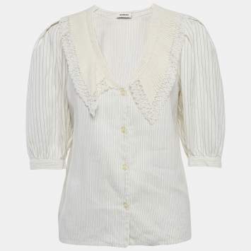 Pre Owned Sandro White Striped Linen Blend Crochet Collar Shirt M