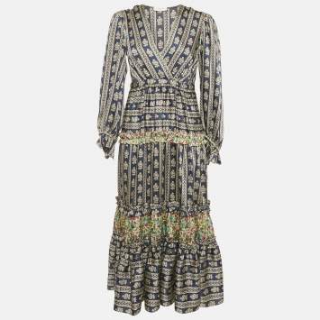 Pre Owned Sandro Blue Floral Print Satin Valentina V Neck Midi Dress S